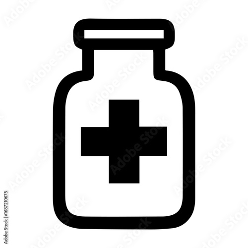 A black and white image of a medicine bottle with a cross on it. The bottle is labeled with the word "medicine" and has a white background