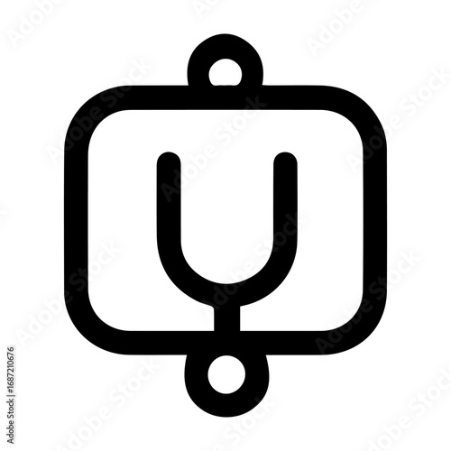 A black and white image of a box with a U on it. The box is square and the U is curved