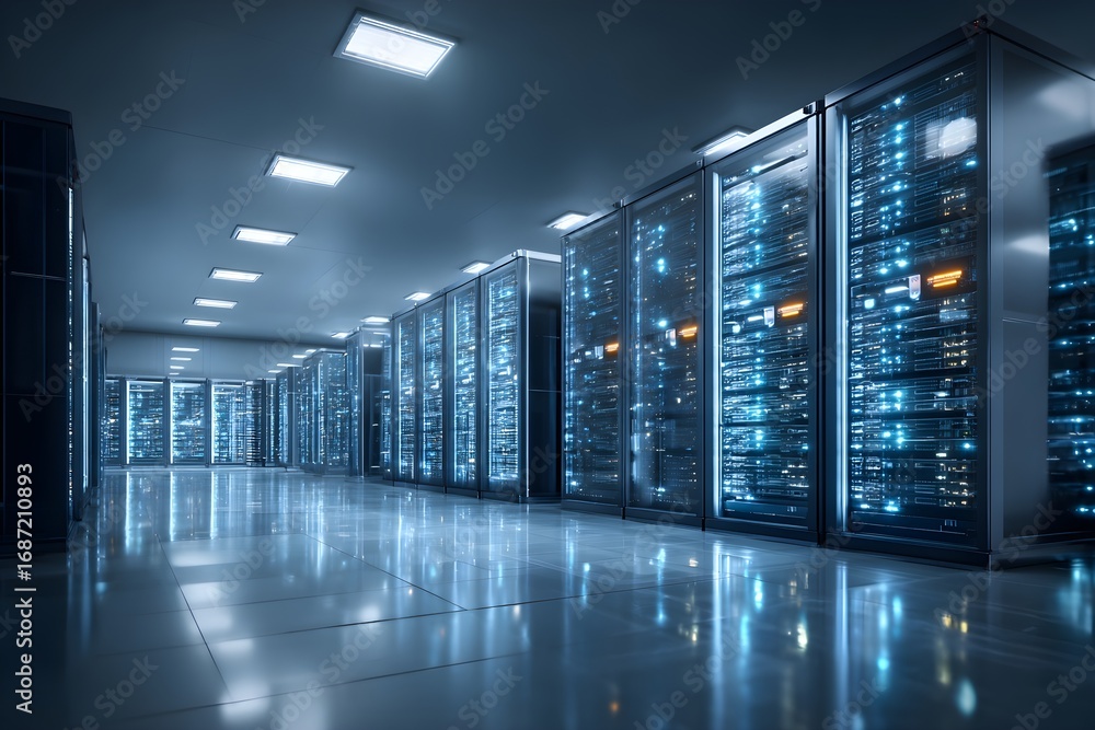 Fototapeta premium Glowing white data center with blue-lit server rows — symbolizing cloud power, tech innovation & digital infrastructure for enterprise, AI, and cybersecurity visuals.
