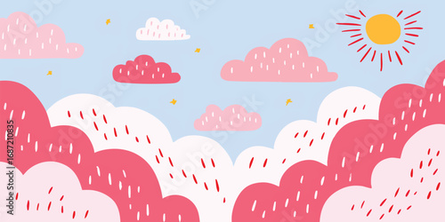 A whimsical illustration depicting fluffy clouds floating gently in a bright sky, with the sun smiling warmly.