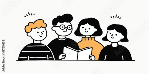 A group of friends gathered closely, engrossed in a shared book, fostering connection, knowledge, and shared moments, rendered in a clean, modern illustration style.