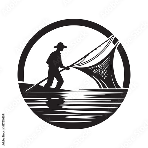 fisherman casting net vector silhouette clip art logo design illustraiton.