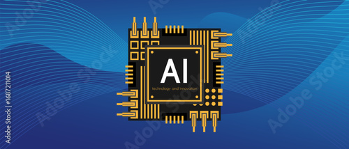 Artificial intelligence chip concept. Horizontal technological background with computer processor imitation. Technology development. Blue abstract back with lines.Hand drawn illustration in flat style
