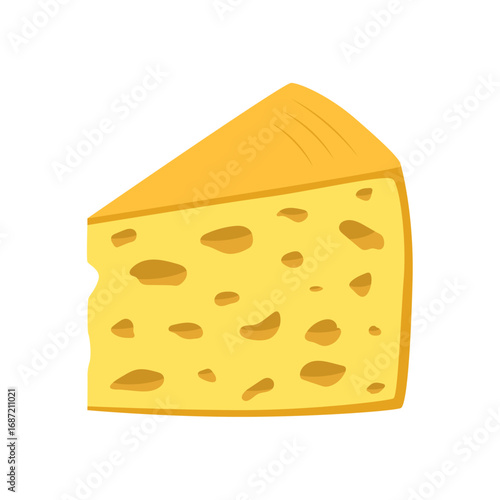 Cut piece of cheese with holes. Maasdam. Waxed cheese. Cheese texture. Hand drawn clip art in flat style. Isolated on white background. Natural dairy product.