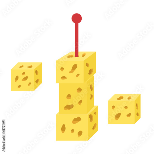 Cheese canape on red skewer with cheese cubes. Cheese with holes, maasdam. Cheese buffet serving. Dessert cheese. Hand drawn clip art in flat style. Isolated on white background. Simple draw.