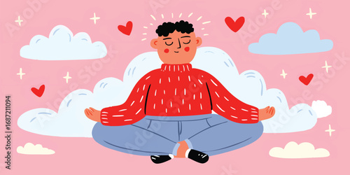 A person meditates peacefully, surrounded by floating hearts and clouds, representing inner peace. The image portrays a sense of serenity and self-awareness.