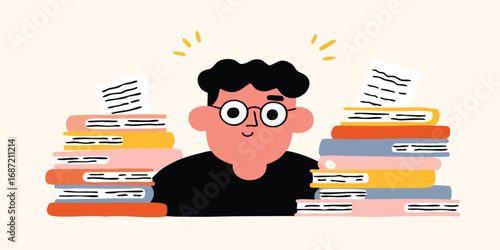 A studious individual surrounded by a towering stack of books, immersed in the world of knowledge, with a sense of enlightenment and boundless curiosity.