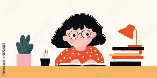 A focused and determined student is immersed in studying, a lamp casts a warm glow, beside the books and plant.