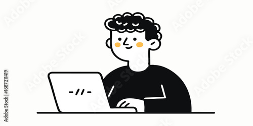 A cartoon programmer works diligently on a laptop, a simple illustration conveying focus and productivity, a visual metaphor for the digital age, clean lines and minimalist design.