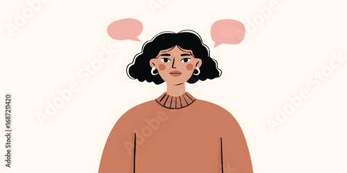 A person illustrated with two blank speech bubbles, symbolizing thought. Expressing thoughts and ideas in a visual form.