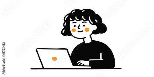 An illustrated woman working on a laptop, immersed in her task, radiates focused determination, in a clean and simple graphic.
