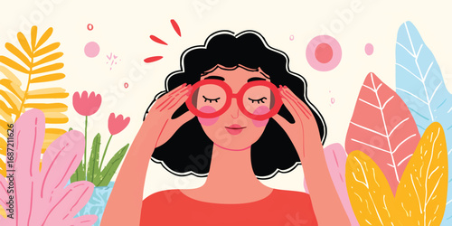 A relaxed woman wearing glasses takes a moment to reflect amidst the gentle touch of nature. 