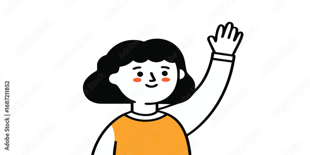 Fototapeta premium An adorable animated character waves a friendly greeting, designed with a cheerful and welcoming aesthetic, ideal for illustrating concepts of inclusivity, interaction, and open communication.