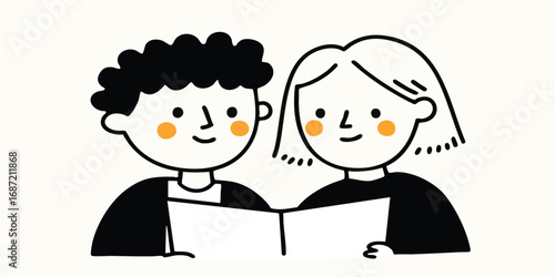 Two adorable cartoon characters, boy and girl, engrossed in a book, symbolizing knowledge and shared moments. Capture the simplicity and charm of reading.