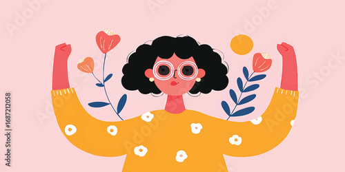A vibrant illustration depicts a woman radiating positivity and self-love, set against a delicate backdrop. The image features floral elements, adding a touch of nature and harmony to the scene. 