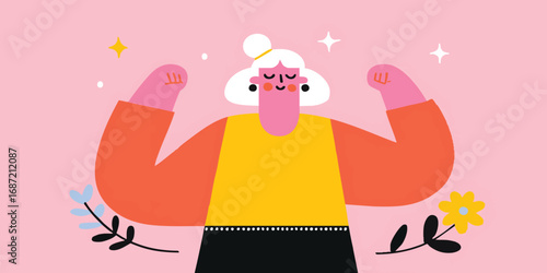 An artistic illustration of a strong, self-assured figure, with arms raised in a pose of empowerment, against a backdrop.