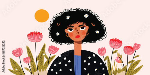 A confident young woman with dark curly hair, surrounded by vibrant flowers, embodies a sense of serenity and poise. This artistic portrayal captures the essence of self-assured beauty. 