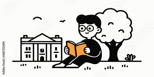 A young individual with glasses immersed in a book, enjoying a tranquil moment near a large tree and the historic structure in illustration.
