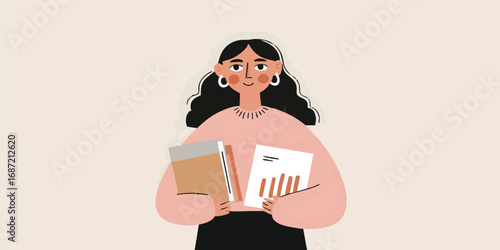 An professional woman with dark hair in a modern office setting, gracefully holding documents. The illustration's style radiates with clean lines and harmonious colors.