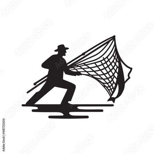 fisherman casting net vector silhouette clip art logo design illustraiton.
