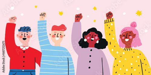 Illustration of diverse group of individuals standing together with raised fists, symbols of empowerment and unity, embodying the strength of togetherness.