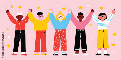 A vibrant illustration showcases unity and camaraderie among a group of diverse individuals holding hands, symbolizing togetherness.
