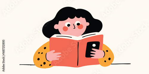 A young woman absorbed in the pages of a vibrant, captivating book, her face illuminated by the glow of knowledge and imagination. She's deeply immersed in a world of stories and adventures.