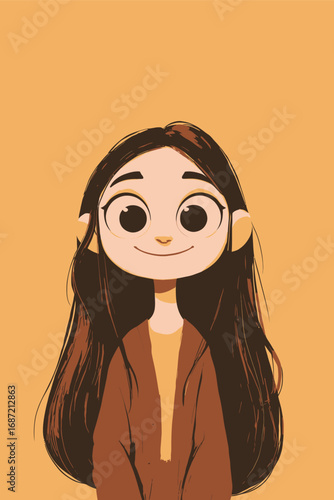 A cheerful animated character with long, dark hair smiles warmly against a vibrant yellow background. The character wears a simple brown top, enhancing the overall playful aesthetic.