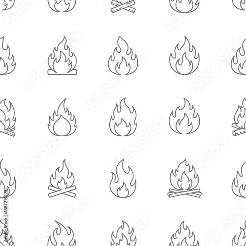 Seamless pattern of various fire flames and firewood icons.