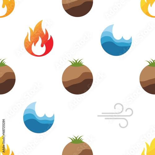 Seamless pattern with the four elements: fire, earth, water, and air.