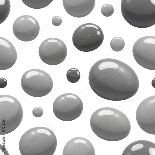 Seamless pattern of various sized glossy gray spheres on a white background.