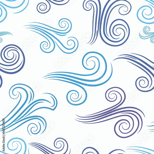 Seamless pattern of stylized blue and purple wind gusts or ocean waves on a white background.