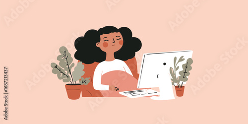 A serene illustration shows a pregnant woman peacefully working on her computer, enveloped in a calming atmosphere with indoor plants.