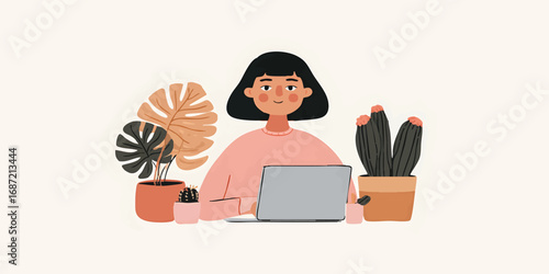 A woman works remotely from her home, surrounded by the calming presence of potted plants, showcasing a harmonious blend of work and nature. The image portrays a modern lifestyle.