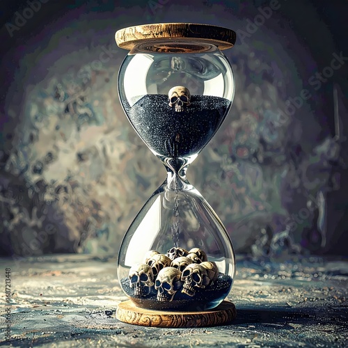 Ancient hourglass filled with dark sand and human skulls glowing faintly with ominous cursed Halloween atmosphere