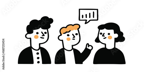 A collaborative meeting of three individuals, engaged in a focused discussion. A speech bubble floats above, indicating active communication and the exchange of ideas in a dynamic graphic.