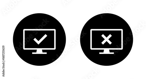Computer monitor with check mark and cross icon. System validation and error notification symbol in black circle