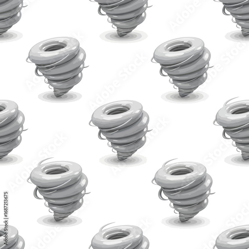 Seamless pattern of stylized grey tornadoes or whirlwinds on a white background, representing a weather phenomenon.
