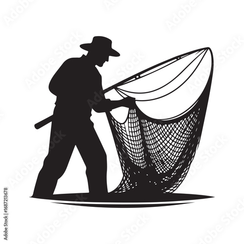 fisherman casting net vector silhouette clip art logo design illustraiton.