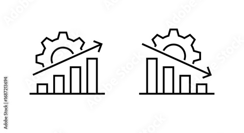Business growth and decline chart icon with gear. Productivity, performance, and efficiency analysis symbol