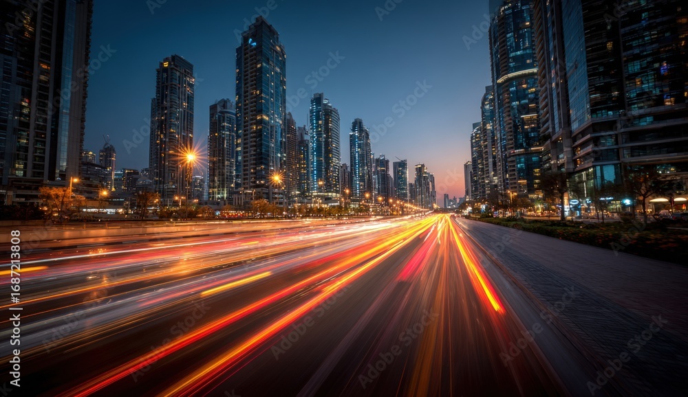 Fototapeta premium Cityscape at twilight, traffic streaks across a road, modern high-rises