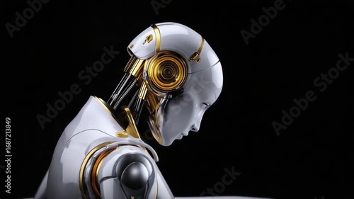 Side profile of a futuristic humanoid robot with white skin and gold mechanical components against a black background.