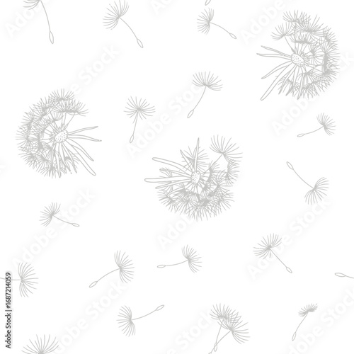 A seamless pattern of delicate, hand-drawn dandelion clocks and floating seeds on a white background.