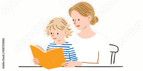 A tender moment unfolds as a mother and child share a book, highlighting the love of reading. It shows connection, learning, and the value of reading.