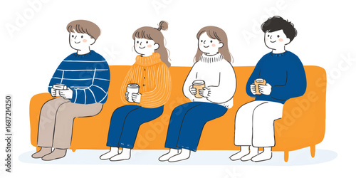 Friends gathered together on the cozy sofa and enjoying the relaxing time. they are filled with joyful excitement and camaraderie as they sip from their cups. 