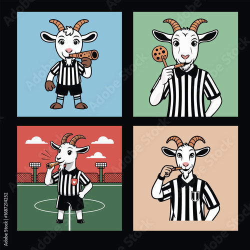 Referee goats blowing whistles in different settings