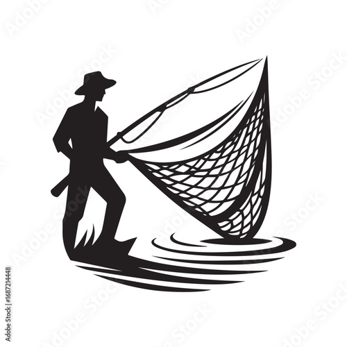 fisherman casting net vector silhouette clip art logo design illustraiton.