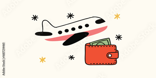 An illustration depicting the concept of travel expenses, showing an airplane and a wallet, the composition is simple yet evokes the core theme of financial planning for journeys.