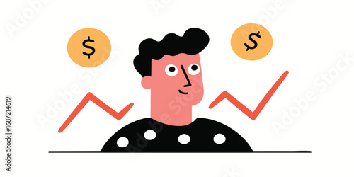 A stylized illustration depicts a person flanked by dollar signs and rising financial graphs, suggesting growth, investment, and the attainment of wealth.