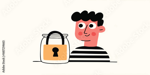 An illustrated representation of personal safety. A man stands confidently, looking toward a jar, symbolizing secure and protection, the visual metaphor portrays peace of mind.